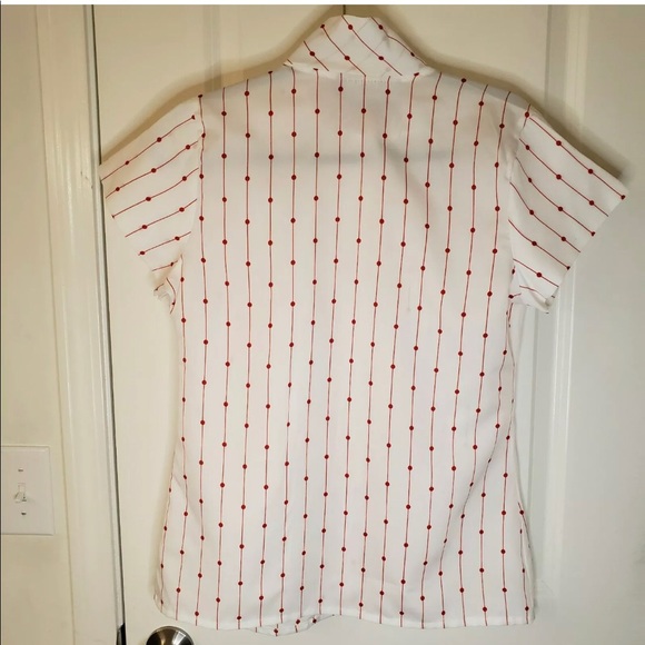 Vintage 70's/80's red dot striped white short sleeve blouse with bow neckline - Picture 3 of 6